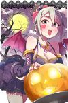  :p ^_^ bat bat_wings belt bow breasts cake cleavage closed_eyes cloud cowboy_shot demon_tail detached_sleeves dress earrings facepaint fishnet_pantyhose fishnets food frills fruit gem grey_hair hair_between_eyes hair_ornament halloween highres idolmaster idolmaster_cinderella_girls ishii_takuma jack-o'-lantern jewelry lace lace-up lamp large_breasts leaning_forward looking_at_viewer moon navel navel_cutout necklace night night_sky outdoors pantyhose pumpkin ring shiomi_shuuko short_hair sky smile solo strawberry striped tail tongue tongue_out torn_wings wavy_mouth wings 