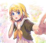  asymmetry_(module) blonde_hair earmuffs grimay hair_ornament hairclip kagamine_rin looking_at_viewer open_mouth project_diva_(series) short_hair smile solo vocaloid 