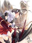  battle bow_(weapon) crossover duel gloves hair_ribbon japanese_clothes kantai_collection long_hair monster monster_hunter muneate panties re_lucy ribbon skirt tigrex twintails underwear weapon zuikaku_(kantai_collection) 