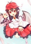  animal_ears bird_wings brown_hair color_switch dress feathers fingernails frilled_dress frilled_sleeves frills fusion hat imaizumi_kagerou long_fingernails mystia_lorelei nail_polish niiya red_eyes red_nails sharp_fingernails short_hair solo touhou wide_sleeves wings 