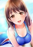  :d bangs blue_swimsuit breasts brown_eyes brown_hair cleavage competition_swimsuit idolmaster idolmaster_cinderella_girls idolmaster_cinderella_girls_starlight_stage long_hair looking_at_viewer medium_breasts nannacy7 nitta_minami one-piece_swimsuit open_mouth smile solo sparkle swimsuit upper_body water wet 