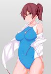  alternate_costume breasts brown_eyes brown_hair covered_navel covered_nipples cowboy_shot gradient gradient_background highres kaga_(kantai_collection) kanna_kanaki kantai_collection large_breasts off_shoulder one-piece_swimsuit scan side_ponytail simple_background skin_tight solo swimsuit whistle 