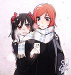  2girls :d :o bad_id bad_pixiv_id bag black_hair blush bow cellphone coat hair_bow long_sleeves love_live! love_live!_school_idol_project multiple_girls nishikino_maki open_mouth phone red_hair scarf shared_scarf short_hair smartphone smile snow snowing tag taking_picture twintails winter winter_clothes winter_coat yazawa_nico yuri 