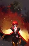  bad_id bad_pixiv_id black_sclera cape fate/apocrypha fate_(series) fire heru_(goldprin) highres karna_(fate) male_focus red_hair solo 