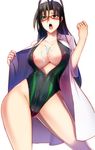  antenna_hair areola_slip areolae black_hair blush breasts cleavage covered_nipples cream front_zipper_swimsuit glasses green_eyes hasegawa_chisato highres kairos+ labcoat large_breasts long_hair md5_mismatch meme_attire mole mole_under_eye nipple_slip nipples one-piece_swimsuit open_mouth saliva shinmai_maou_no_testament simple_background solo standing swimsuit thighhighs 