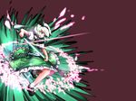  ascot bad_id bad_pixiv_id black_footwear breasts cherry_blossoms collared_shirt explosion frilled_skirt frills glowing glowing_sword glowing_weapon green_eyes green_skirt green_vest hairband highres hijiwryyyyy katana konpaku_youmu legs looking_afar maroon_background multiple_swords open_mouth petals puffy_short_sleeves puffy_sleeves scabbard sheath sheathed shirt shoes short_hair short_sleeves skirt small_breasts socks solo sword touhou unsheathing untucked_shirt vest weapon white_hair white_legwear white_shirt 