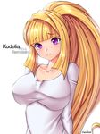  artist_name breasts character_name collarbone gundam gundam_tekketsu_no_orphans highres kudelia_aina_bernstein large_breasts long_hair long_sleeves ponytail purple_eyes ranken shirt solo sweat upper_body 