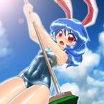  animal_ears blue_hair blush broom bunny_ears one-piece_swimsuit open_mouth red_eyes school_swimsuit seiran_(touhou) shiny shiny_clothes shiny_skin solo swimsuit touhou winn 