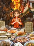  1girl architecture bamboo_steamer baozi brown_hair chinese_clothes chopsticks dim_sum double_bun dumpling earrings east_asian_architecture food hands_together hatomugitya jewelry lantern mapo_doufu original saliva saliva_trail solo yellow_eyes yin_yang 