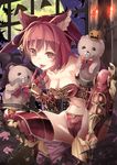  animal_ears bad_id bad_pixiv_id bangs bare_shoulders boots bow breasts candle candlestand cerberus_(shingeki_no_bahamut) cleavage dog_ears fangs gauntlets granblue_fantasy hand_puppet high_heels highres indoors jack-o'-lantern long_hair medium_breasts midriff moon navel night night_sky pumpkin puppet red_bow red_eyes red_hair saraki shingeki_no_bahamut sky solo thighhighs tongue tongue_out twintails very_long_hair window 