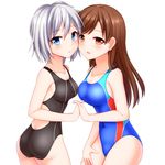  anastasia_(idolmaster) blue_eyes blush brown_eyes brown_hair competition_swimsuit faubynet highres holding_hands idolmaster idolmaster_cinderella_girls idolmaster_cinderella_girls_starlight_stage long_hair looking_at_viewer love_laika md5_mismatch multiple_girls nitta_minami one-piece_swimsuit short_hair silver_hair sketch swimsuit 