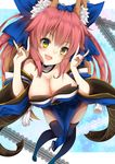  \m/ absurdres amane_tari animal_ears bare_shoulders bow breasts cleavage detached_sleeves fang fate/extra fate_(series) fox_ears fox_tail hair_bow hair_ribbon highres japanese_clothes large_breasts long_hair looking_at_viewer open_mouth pink_hair ribbon solo tail tamamo_(fate)_(all) tamamo_no_mae_(fate) thighhighs twintails yellow_eyes 