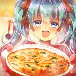  aqua_hair blue_eyes casserole earrings food gratin hair_ribbon hatsune_miku indoors jewelry kitchen long_hair looking_at_viewer necklace open_mouth oven_mitts pov ribbon smile solo twintails urara_(sumairuclover) vocaloid 