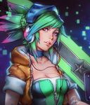  2015 alternate_costume arcade_riven braid breasts bustier choker cleavage green_hair headphones jurikoi league_of_legends lips medium_breasts nose open_clothes open_vest over_shoulder pink_eyes pixelated riven_(league_of_legends) side_braid signature sleeves_rolled_up solo sword sword_over_shoulder unzipped vest weapon weapon_over_shoulder 