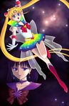  alternate_costume back_bow bishoujo_senshi_sailor_moon black_hair blonde_hair blue_eyes blue_sailor_collar boots bow choker double_bun heart heart_choker knee_boots long_hair magical_girl multicolored multicolored_clothes multicolored_skirt multiple_girls purple_eyes purple_sailor_collar red_bow runrun sailor_collar sailor_moon sailor_saturn sailor_senshi sailor_senshi_uniform short_hair skirt star star_choker super_sailor_moon tomoe_hotaru tsukino_usagi twintails yellow_choker 