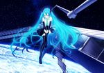  aqua_eyes aqua_hair detached_sleeves earth floating_hair hatsune_miku headset leg_hug legs long_hair necktie satellite skirt solo space thighhighs twintails very_long_hair vocaloid yonasawa zettai_ryouiki 