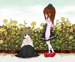  brown_hair crown dress flower hime_cut kotomura_nanase long_hair multiple_girls role_reversal socks time_paradox umineko_no_naku_koro_ni ushiromiya_maria ushiromiya_rosa younger 