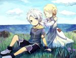  1girl bad_id bad_pixiv_id blonde_hair blue_eyes child closed_eyes couple detached_sleeves dorosousu dress hetero senel_coolidge sitting stella_telmes tales_of_(series) tales_of_legendia white_hair younger 