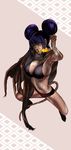  armpits arms_up bikini black_hair breasts cleavage copyright_request double_bun fire large_breasts s_kengo solo swimsuit tail tattoo yellow_eyes 
