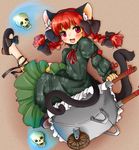  animal_ears braid cat_ears cat_tail fangs kaenbyou_rin long_hair multiple_tails red_eyes red_hair setouchi_kurage skull solo tail touhou twin_braids twintails wheelbarrow 