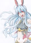  ahoge aliasse bad_id bad_pixiv_id blue_hair brooch crop_top horns jewelry long_hair midriff navel open_mouth red_eyes senjou_no_valkyria senjou_no_valkyria_2 sobatto_(fortis-931) solo striped tongue traditional_media turtleneck very_long_hair 