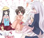  animal_ears back bunny_ears hat houraisan_kaguya inaba_tewi kindergarten machiko_(beard) multiple_girls reisen_udongein_inaba ribbon school_hat touhou yagokoro_eirin younger 