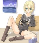  blond_hair blonde_hair female footwear girl listless_time ment panties pillow playstation_controller socks tissue underwear 