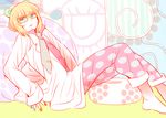  bangs barefoot blonde_hair blunt_bangs blush brown_neckwear glasses haruki_(pixiv343734) irabu_ichirou kuuchuu_buranko labcoat looking_at_viewer male_focus necktie pants polka_dot sleeves_past_wrists solo 