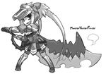  armor chibi greyscale hermitaur_(armor) huge_weapon long_hair monochrome monster_hunter monster_hunter_frontier rumie solo sword twintails weapon 