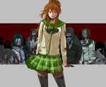  blood brown_hair highschool_of_the_dead long_hair miyamoto_rei ponytail red_eyes s_kengo school_uniform skirt solo_focus thighhighs zettai_ryouiki zombie 