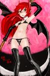  armpits bad_id bad_pixiv_id bikini blush copyright_request demon_girl fingerless_gloves flat_chest gloves horns long_hair moon necktie pointy_ears pon red_eyes red_hair scythe side-tie_bikini solo succubus swimsuit thighhighs wings 