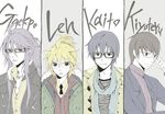  ahoge bad_id bad_pixiv_id bespectacled black_hair blonde_hair blue_hair casual column_lineup flat_color glasses hiyama_kiyoteru jacket jewelry kagamine_len kaito kamui_gakupo male_focus multiple_boys muted_color necklace necktie ponytail purple_hair scarf simple_background smile vocaloid zumi 