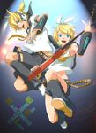  1girl blonde_hair blue_eyes bow brother_and_sister electric_guitar guitar hair_bow hair_ornament hairclip headphones highres instrument kagamine_len kagamine_rin leg_warmers momopanda siblings twins vocaloid 