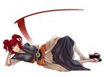  breasts hair_bobbles hair_ornament japanese_clothes large_breasts lying on_side onozuka_komachi red_eyes red_hair s_kengo scythe shoes short_hair simple_background single_shoe solo touhou two_side_up 