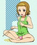  barefoot drumsticks feet hairband hands highres indian_style k-on! masuda_gou open_mouth panties pantyshot pink_panties polka_dot polka_dot_panties round_teeth sitting smile solo tainaka_ritsu teeth underwear yellow_hairband 