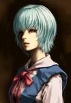  ayanami_rei blue_hair face kaburagi_yasutaka lips neon_genesis_evangelion realistic red_eyes ribbon school_uniform short_hair solo 