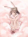  animal_ears blush brown_hair bunny_ears copyright_request fur leg_hug long_hair morihito sitting solo 