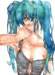  aqua_eyes aqua_hair bad_id bad_pixiv_id breasts cleavage clenched_teeth fingersmile hatsune_miku large_breasts lips long_hair simple_background solo teeth traditional_media twintails vocaloid yamiko_(black-g-d-s) 