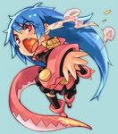  blue_hair blush boots dragon_tail fang fire long_hair monster_girl original pink_footwear red_eyes rumie skirt smoke solo tail thighhighs tiona 