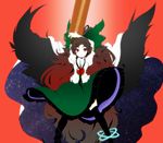  black_hair black_legwear bow cape colorized eyebrows green_bow hair_bow highres long_hair reiuji_utsuho solo thighhighs touhou wings yuca_(rascal) 