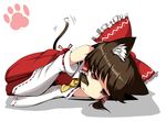  animal_ears bored bow brown_hair cat_ears cat_tail detached_sleeves fujy hair_bow hakurei_reimu japanese_clothes jitome kemonomimi_mode long_hair lying no_nose on_side red_eyes ribbon solo tail tail_wagging touhou 
