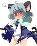  ahoge angry blush dowsing_rod dress fang fume grey_hair jewelry mikan_(ama_no_hakoniwa) mouse_tail nazrin open_mouth pendant red_eyes skirt skirt_lift skirt_tug solo tail touhou 