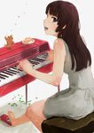  bad_id bad_pixiv_id barefoot blush brown_eyes brown_hair cake food hands highres instrument long_hair looking_back musical_note nimirom original pastry pedal_(instrument) piano piano_bench smile solo 