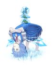  barefoot blue_eyes blue_hair cirno crossed_arms exercise frog frozen frozen_frog full_body ice s_kengo short_hair simple_background solo stretch tiptoes touhou upside-down 