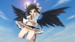  black_hair black_wings breasts cameltoe camera cloud day flying geta hand_behind_head hat highres large_breasts large_wings lens_flare looking_at_viewer mahan midair midriff navel open_mouth panties red_eyes shameimaru_aya short_hair sky smile solo tengu-geta thighs tokin_hat touhou underwear upskirt wind wings yellow_panties 