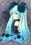  anime_coloring aqua_eyes aqua_hair bad_id bad_pixiv_id black_dress black_flower black_rose dress elbow_gloves flower gloves hair_flower hair_ornament hatsune_miku hira_taira lipstick long_hair looking_at_viewer makeup petals rose solo twintails vocaloid 