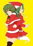  back-to-back bad_id bad_pixiv_id black_legwear christmas dobuki ghost_tail green_eyes green_hair hat kazami_yuuka locked_arms long_hair mima multiple_girls one_eye_closed over-kneehighs red_eyes santa_costume short_hair simple_background thighhighs touhou v wizard_hat yellow_background 