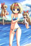  alice_margatroid bikini blonde_hair blue_eyes breasts cleavage embarrassed hair_ribbon hairband hakkotsu_shitai long_hair matching_shanghai medium_breasts navel petite ribbon shanghai_doll short_hair side-tie_bikini solo swimsuit touhou water 