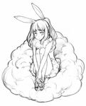  animal_ears blush bunny_ears cloud copyright_request greyscale leg_hug long_hair monochrome morihito sitting solo 
