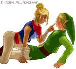  1girl artist_request bandages blonde_hair blush breasts dark_skin finger_to_another's_mouth girl_on_top hair_bun hat link neckerchief older open_clothes open_vest pirate pointy_ears short_hair straddling tetra the_legend_of_zelda the_legend_of_zelda:_the_wind_waker tunic vest 
